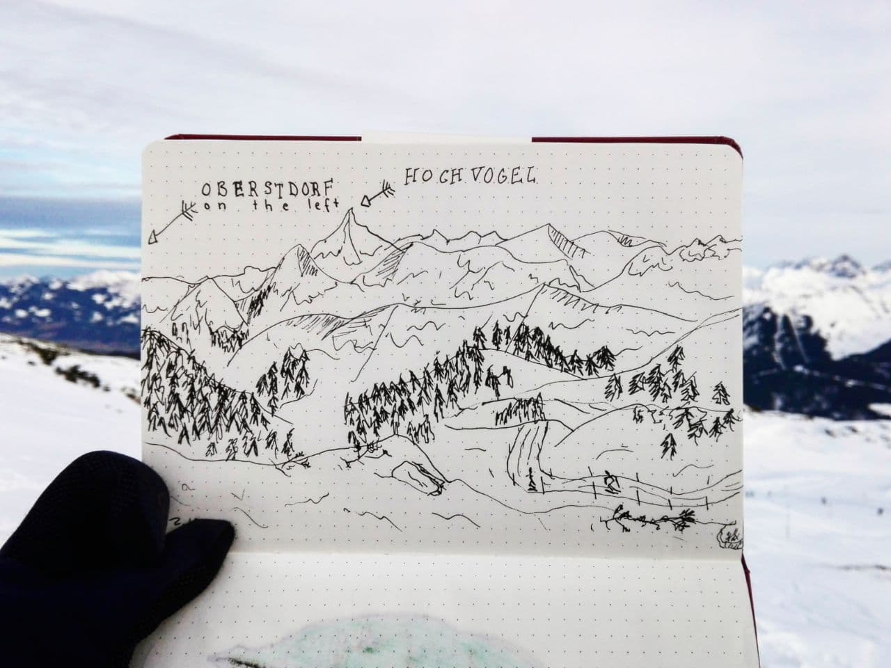 A quick sketch of the surrounding mountains drawn while sitting in the snow. (Yes, my hands were frozen after one minute of drawing :-D.)